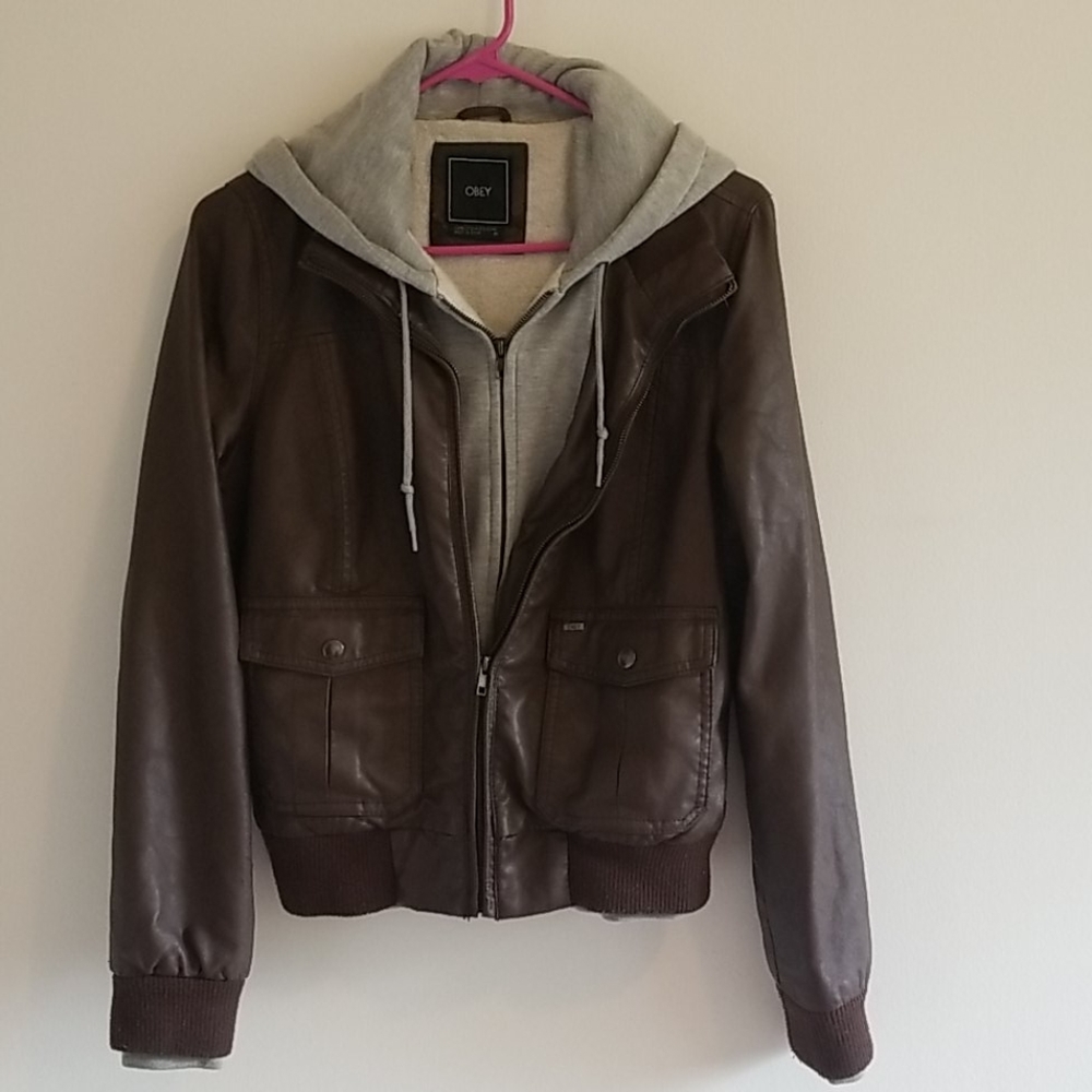 Jacket faux leather w/attached hoodie